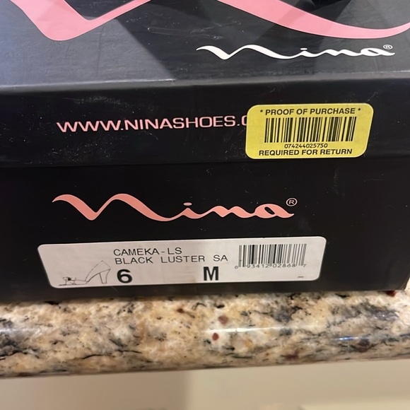 Nina brand, size 6, black open toe dressy 3” heels, bow with rhinestone on top. - Picture 6 of 8